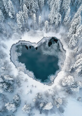 Small heart shaped lake in winter, snow covered ground and trees around, aerial view. Generative AI