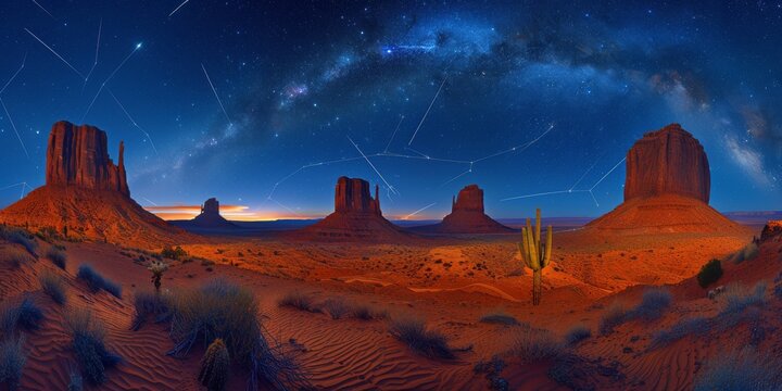 Majestic night sky panorama over Monument Valley, with the Milky Way and meteor trails creating a celestial tapestry above iconic buttes