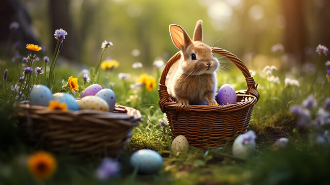 Cute little bunny in the basket and easter eggs in the meadow