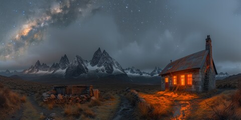 Cozy Mountain Cottage Under a Dramatic Sky with Milky Way Arc and Rugged Peaks