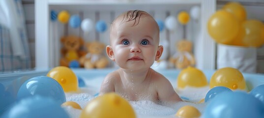 Happy baby having fun with colorful bath toys in the tub or pool, enjoying a delightful bath time.