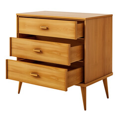 A chest of solid wood with three drawers, stained and lacquered, rectangular in shape, against a white or transparent background. Furniture as an interior element