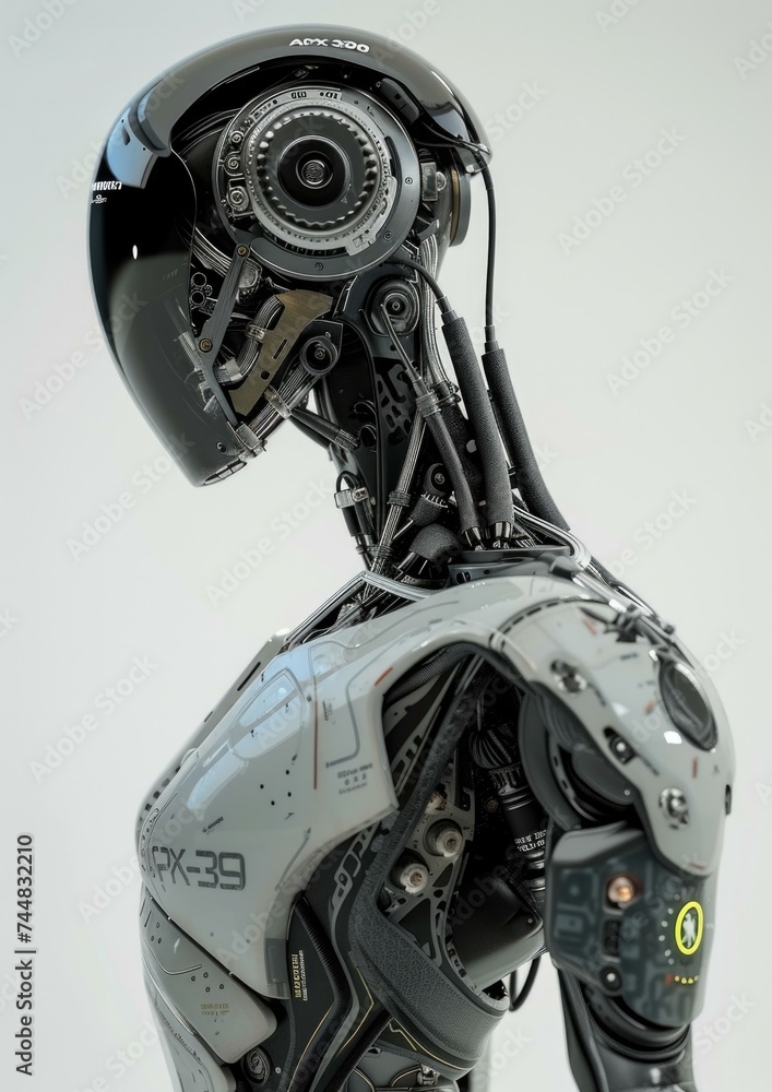Poster a robot with a head and body on a white background. generative ai.