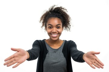 A young woman is holding her hands out. Generative AI.