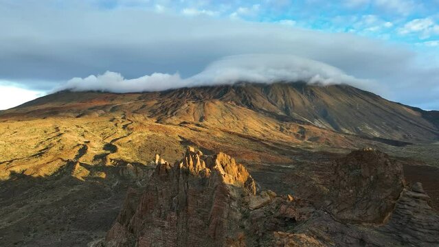 4K Aerial footage of Teide National park and mount Teide of clouds. Volcano in Tenerife island, Spain.