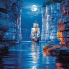 An old sailing ship navigating through a moonlit sea channel flanked by towering cliffs, evoking a sense of adventure and exploration