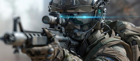Portrait advanced future soldier wearing helmet, holding a gun ready to shoot. AI generated image