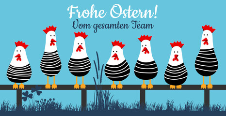 Osterkarte mit lustigen Hühnern. Frohe Ostern vom gesamten Team - deutscher Text, lustiger Hühnerhaufen. Vektor Cartoon Illustration - obrazy, fototapety, plakaty
