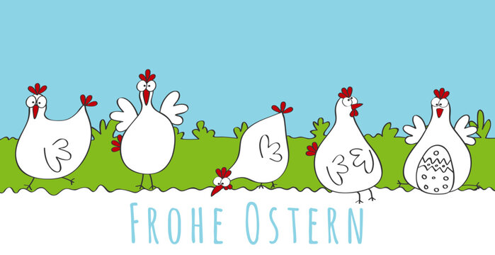 Ostern Karte mit wei&szlig;e H&uuml;hnern, lustige Vektor Cartoon Illustration