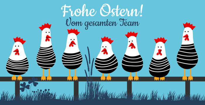 Osterkarte mit lustigen H&uuml;hnern. Frohe Ostern vom gesamten Team - deutscher Text, lustiger H&uuml;hnerhaufen. Vektor Cartoon Illustration