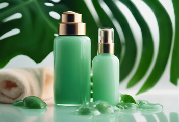 Beauty cosmetic lotion serum bottle and jade massage roller Treatment skincare concept with monstera