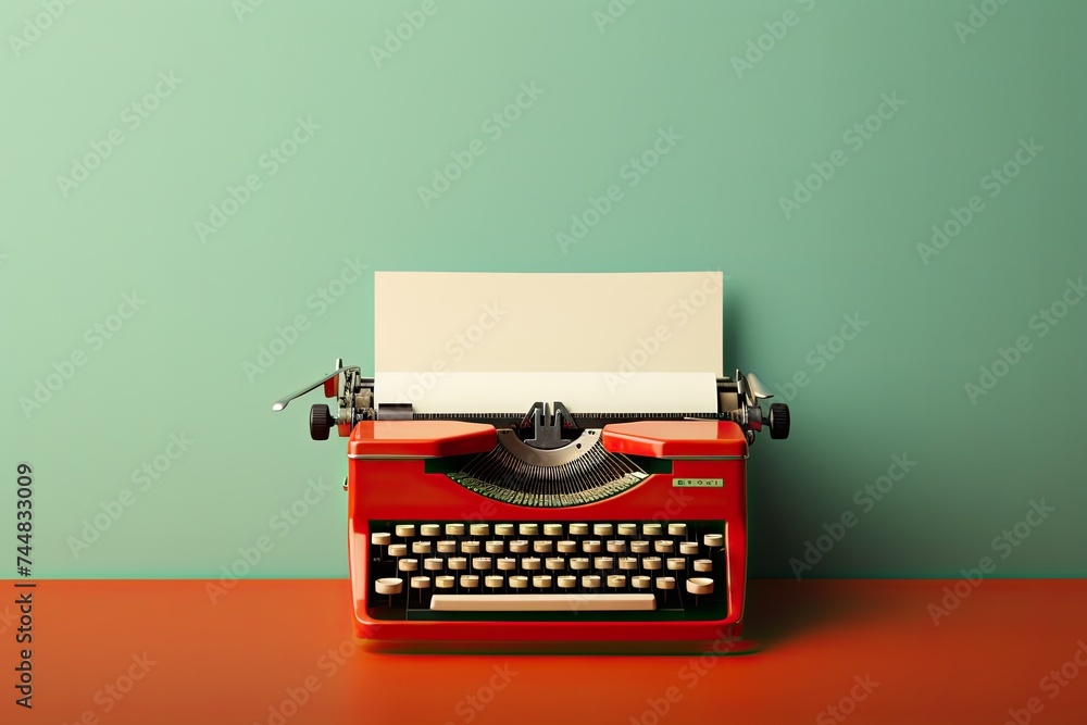 Fototapete red typewriter with paper sheet. business concept of retro writer on closeup background with space