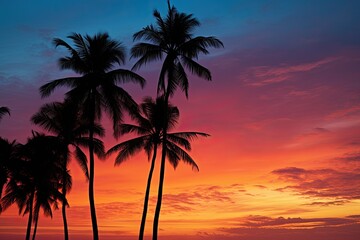 Romantic Sky At Dawn: Silhouette of Palm Trees under the Mesmerizing Zanzibar Sky at Dawn in East - obrazy, fototapety, plakaty