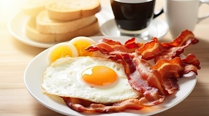 Healthy Breakfast: Nourishing Plate of Fried Eggs, Bacon, Toast and Sausage on the Side