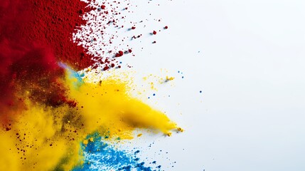 Red yellow blue Colorful Holi powder on white background