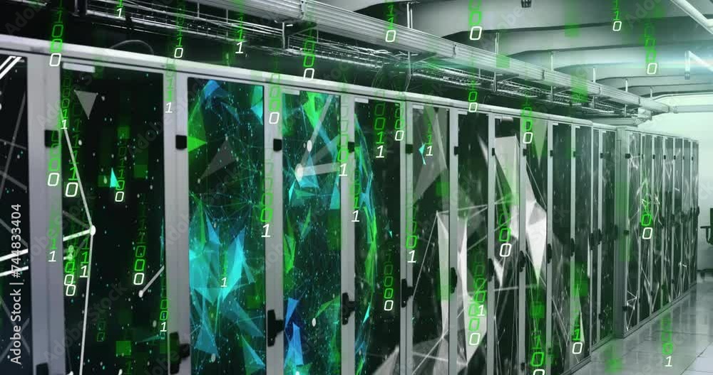 Poster animation of network of connections with falling binary coding over server room