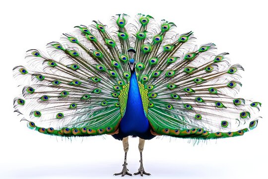 Majestic peacock showing elaborate tail. Isolated on white background. Concept of avian beauty, peacock feathers, wildlife spectacle, and ornate plumage.