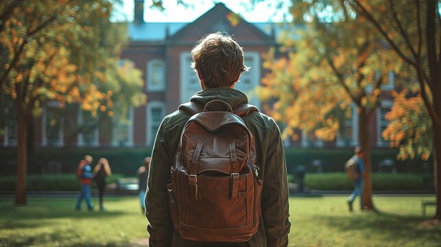 Young male student with backpack facing a college building. A refugee man. Concept of new beginnings, immigrant education, refugee integration, and academic aspiration.