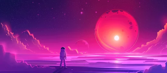 Schilderijen op glas Illustration space planet fiction game on cartoon purple cosmic background. AI generated image © prastiwi