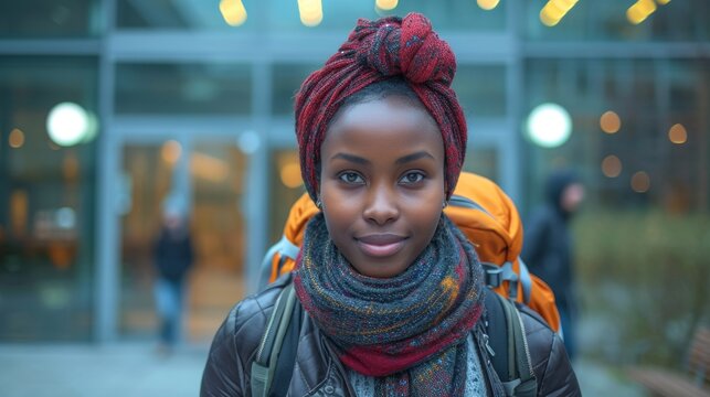 Black female student refugee with a backpack at a university. Outdoors. Outdoors. Young woman. Concept of academic aspirations, new beginnings, immigrant education, refugee integration, diversity