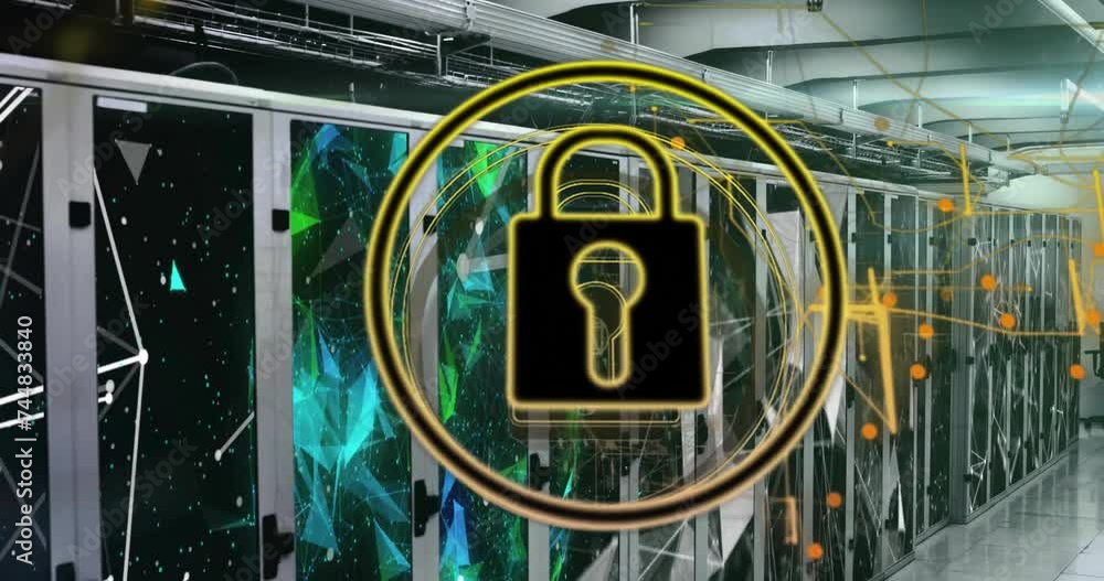 Poster animation of network of connections with padlock over server room