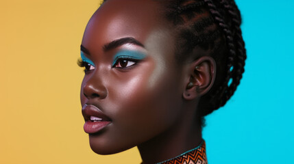 Close-up portrait of a charming young black woman with afro braids against colored studio background. Beautiful African model with bright makeup. Ethnic hairstyle and diversity.