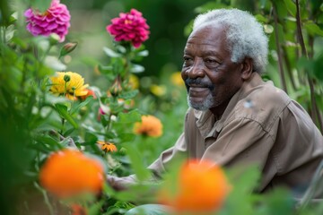 Elderly African man with a warm smile tending to flowers in a lush garden