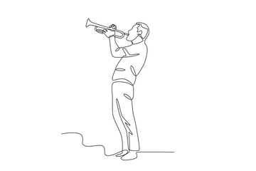 A man blows a trumpet