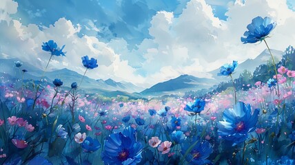 Spring landscape - Blue wildflowers in the mountains