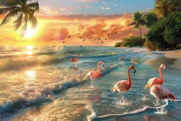 Sunset on a tropical beach with flamingos in the surf and palm trees silhouette