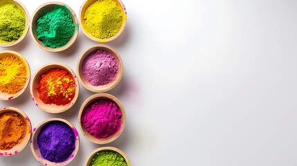 top view of colorful traditional holi powder in bowls isolated on white