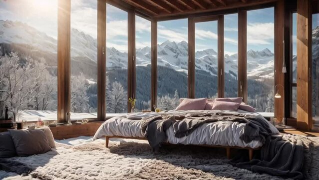 cozy bedroom with large windows overlooking the mountains