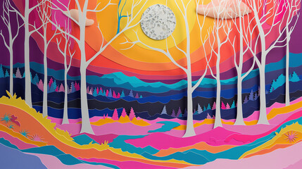 Paper Artwork Colorful Landscape Panorama Concept Art image HD Print 8736x4898 pixels ar16:9. Neo Modern Art V1 28