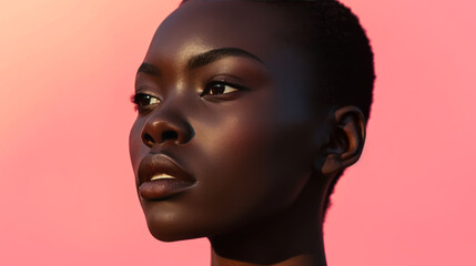 Close-up portrait of a charming young black woman with short haircut against pink studio background. Beautiful African model with natural makeup and dreamy smile. Ethnic hairstyle and diversity.
