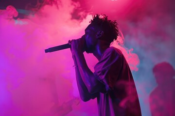Vibrant stage performance by a young black male artist with a microphone amidst colorful smoke