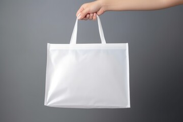 Close-up of a woman's hands holding a blank white tote bag for branding.