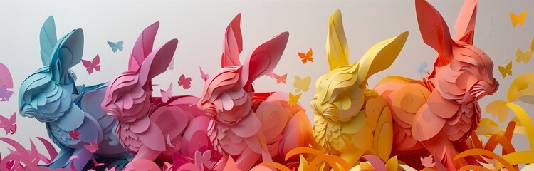 beautiful paper cut rabbits for easter celebration in vivid colors