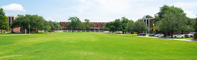 Panorama grassy campus quad courtyard, several historic buildings in background, large meadow front yard college green space under sunny summer cloud blue sky in Texas, education, landscaping
