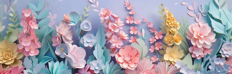 beautiful arrangement of paper cut flowers in pastel colors for backgrounds  - obrazy, fototapety, plakaty