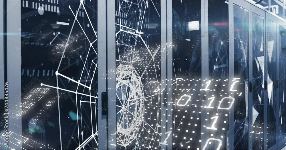 Poster animation of binary coding over shapes and server room