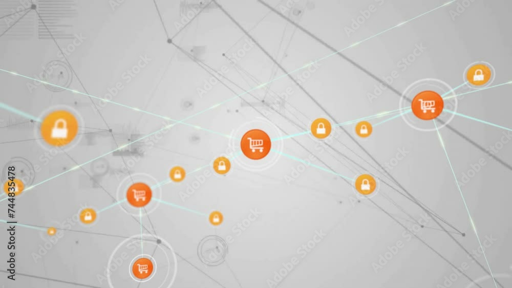 Poster Animation of network of connections with icons over data processing