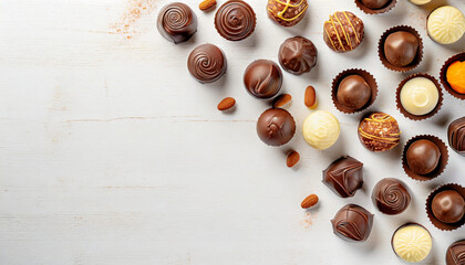 Top view delicious chocolate candy border corner on a white background and copy space