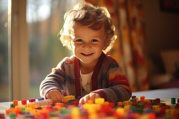 Little boy having fun playing with colorful lego blocks in his cheerful childrens bedroom