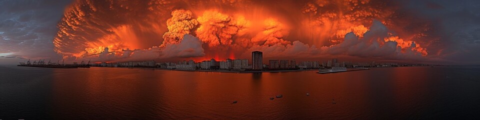 Panoramic view of a dramatic fiery industrial skyline with intense orange clouds and reflections on water, highlighting environmental impact