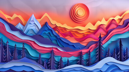Paper Artwork Colorful Landscape Panorama Concept Art image HD Print 8736x4898 pixels ar16:9. Neo Modern Art V1 5
