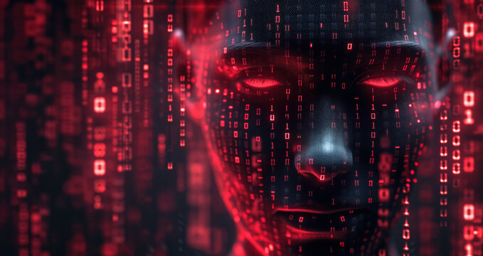 Genderless person face, red glowing abstract digital background. Evil artificial intelligence threat or risk of self aware malignant computer code. Generative AI