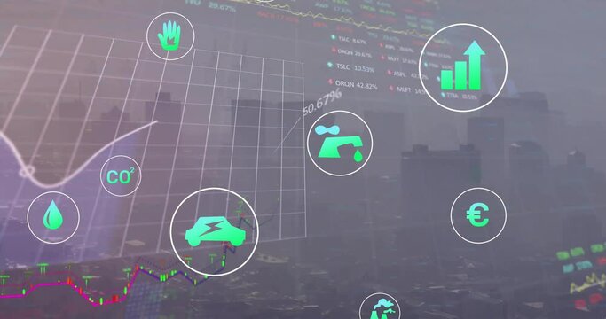 Animation of ecology icons and data processing over cityscape