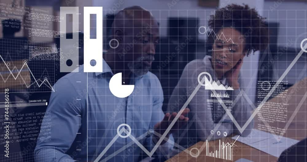 Poster animation of data processing and diagrams over diverse colleagues discussing work