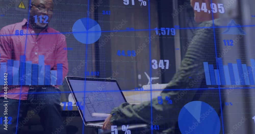 Poster animation of data processing and diagrams over diverse colleagues discussing work