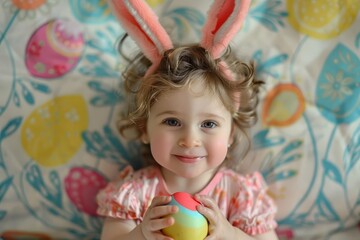 Fototapeta na wymiar Bright-eyed child adorned with bunny ears clutching a colorful easter egg against a playful backdrop